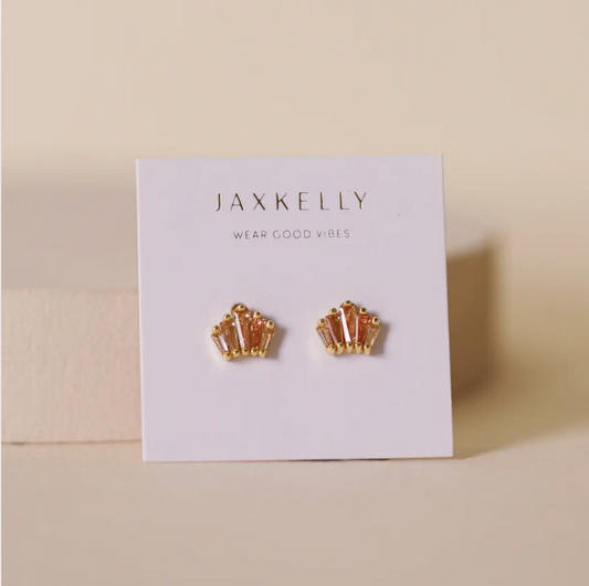 JaxKelly Champagne Baguette Crown Earrings - 18k Gold Plated
