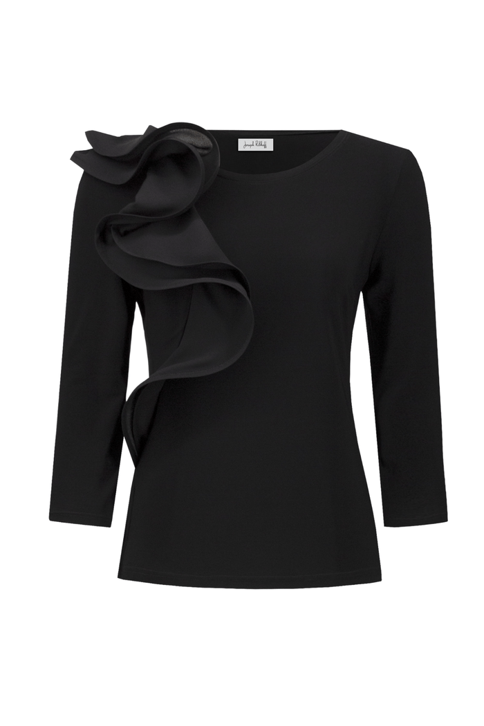 Joseph Ribkoff black silky knit top with georgette ruffle detail – Dotique