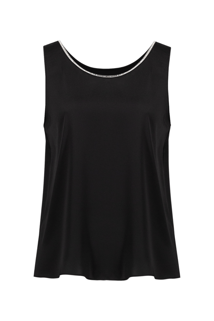 Joseph Ribkoff black satin sleeveless top with rhinestone neckline – Dotique