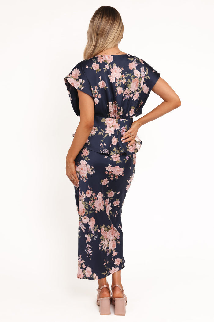 Petal and Pup USA BOTTOMS Kenna Satin Midi Skirt - Navy Floral