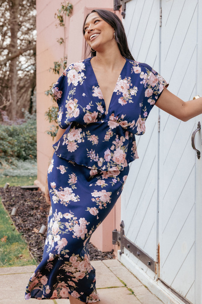 Petal and Pup USA BOTTOMS Kenna Satin Midi Skirt - Navy Floral