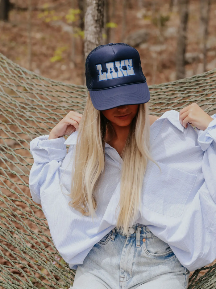 navy lake trucker hat