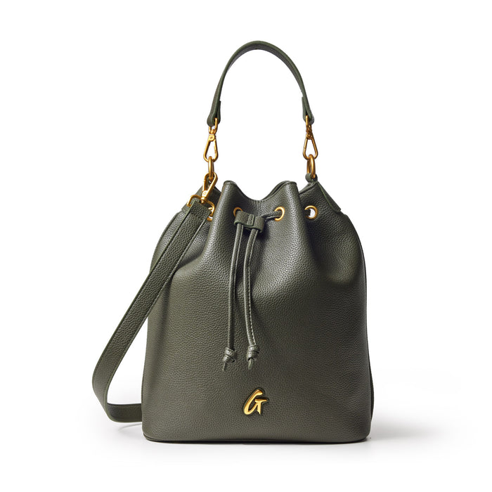Large olive green pebble bucket bag with gold hardware, drawstring closure, and adjustable shoulder strap.