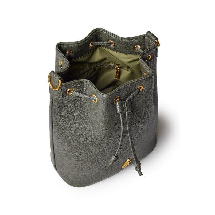 Large olive green pebble bucket bag with gold hardware, drawstring closure, and interior zip pocket.
