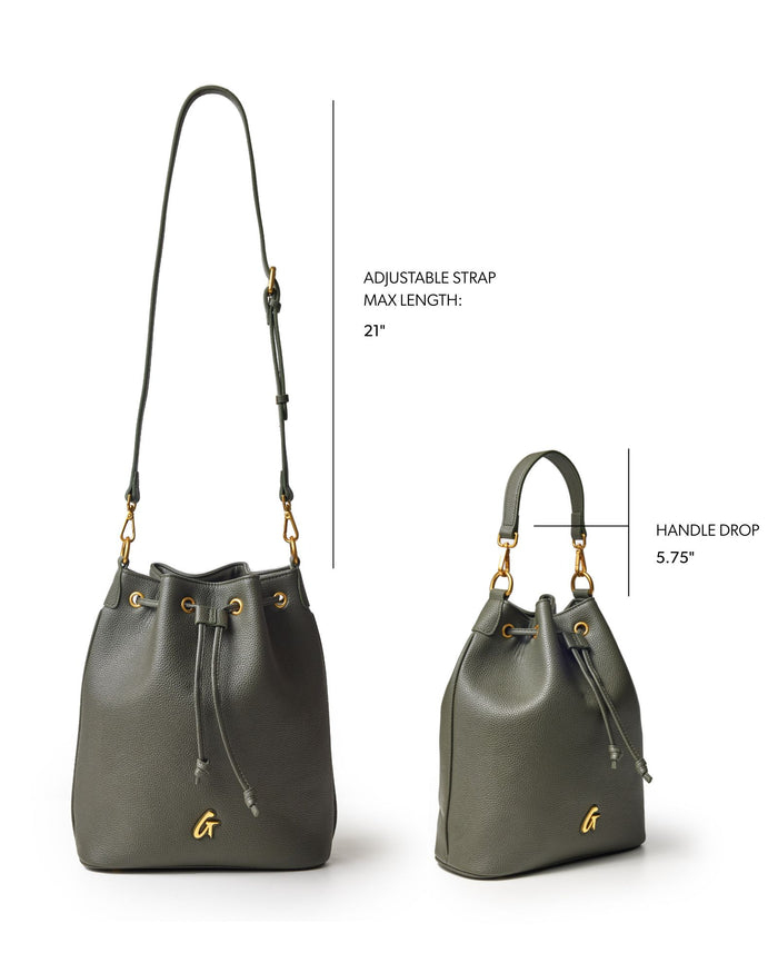 Olive green large pebble bucket bag with adjustable strap and gold accents, perfect for stylish everyday use.