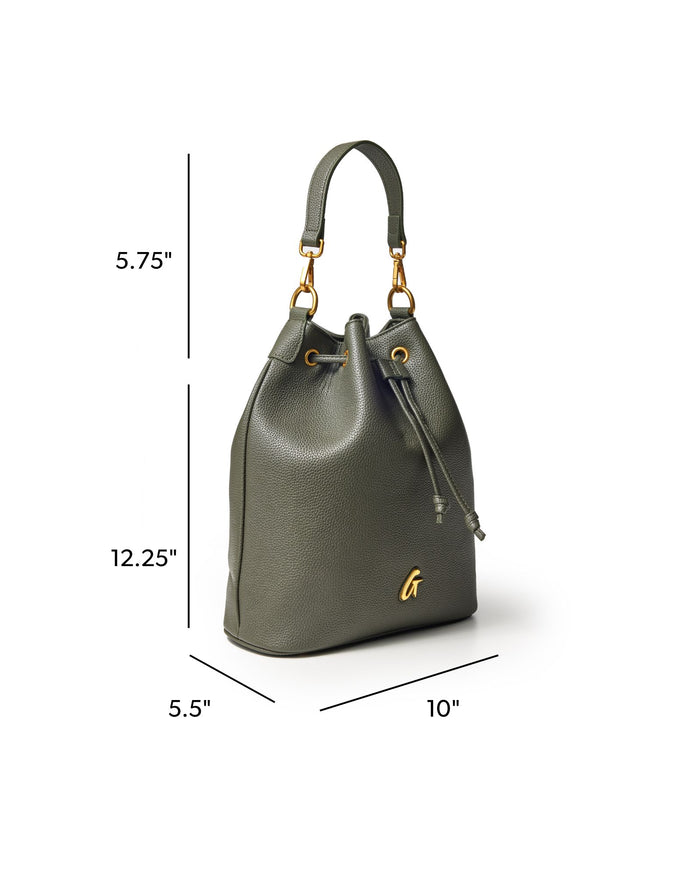Olive green large pebble bucket bag with gold hardware, featuring a drawstring closure and stylish design.