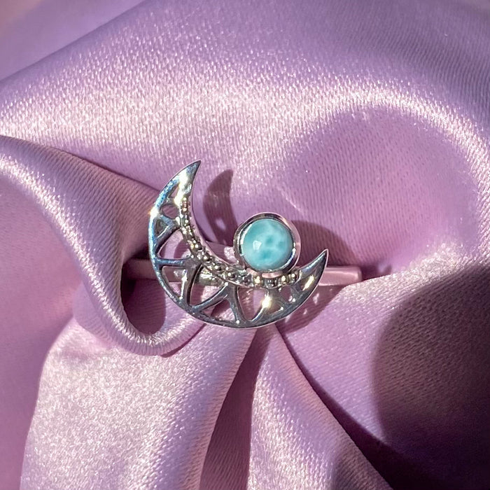 Larimar Crescent Moon 925 Sterling Silver Ring | Unique Jewelry