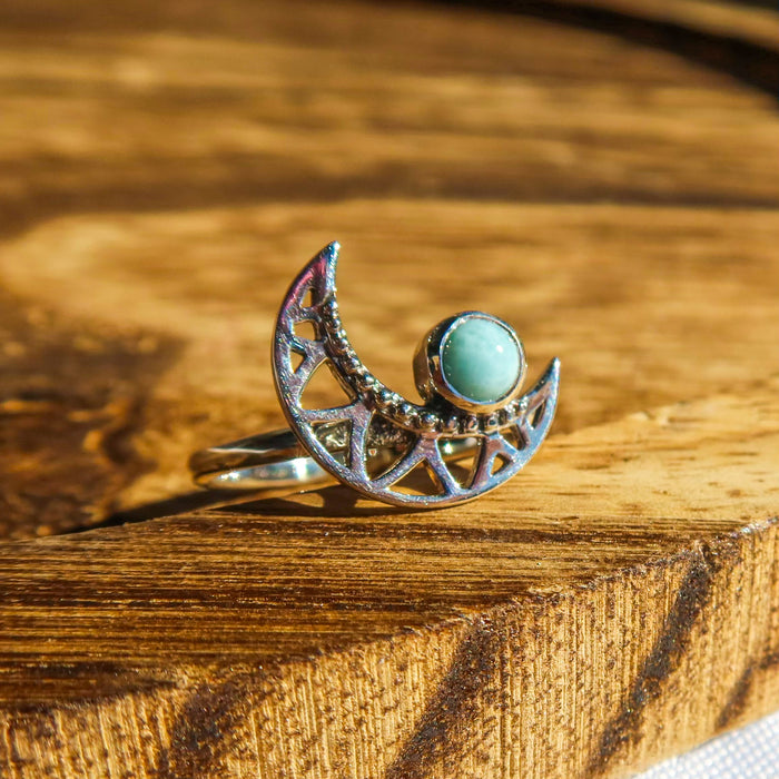 Larimar Crescent Moon 925 Sterling Silver Ring | Unique Jewelry