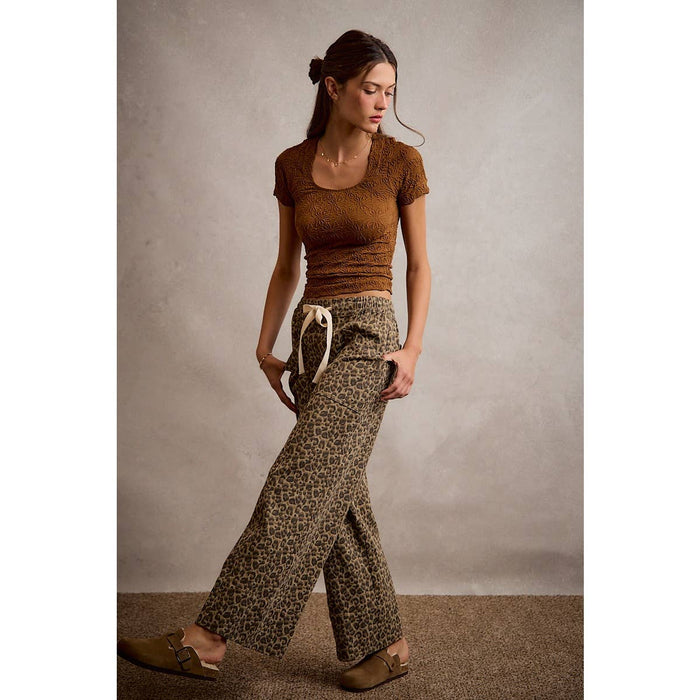 LEOPARD ELASTICIZED WAIST WIDE PANTS