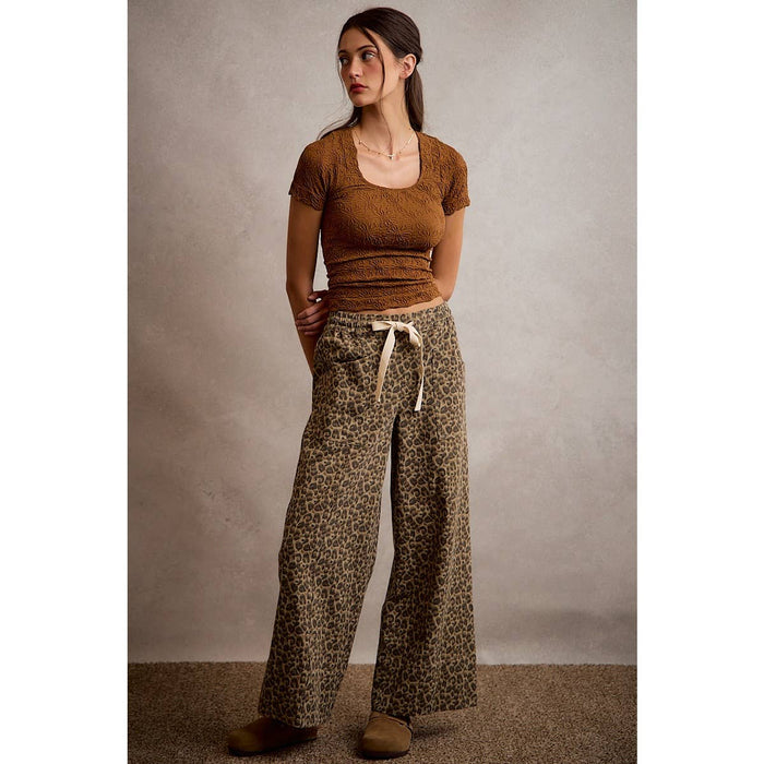 LEOPARD ELASTICIZED WAIST WIDE PANTS