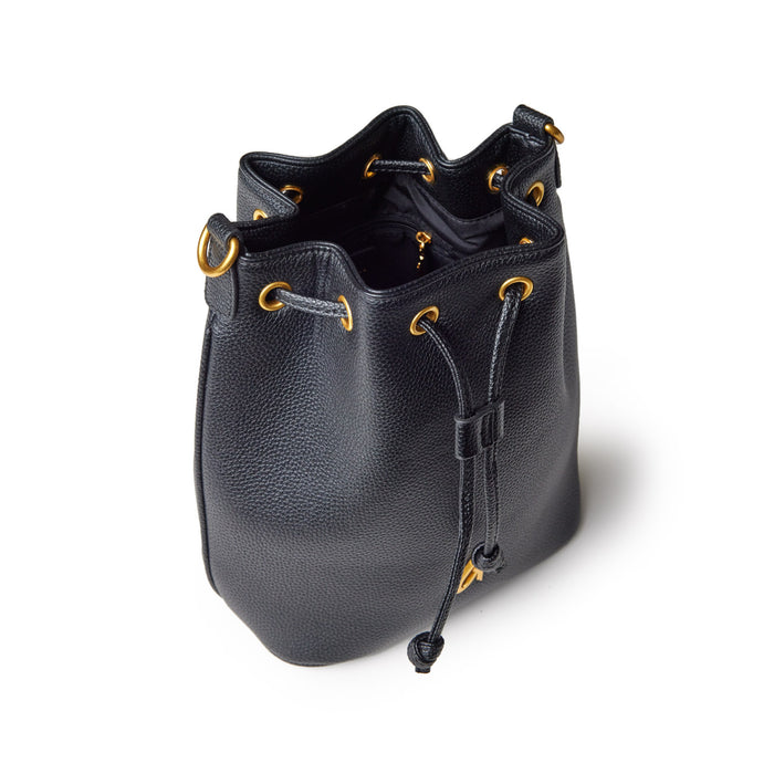 Black medium pebble bucket bag with gold-tone eyelets and drawstring closure, featuring a textured leather finish.