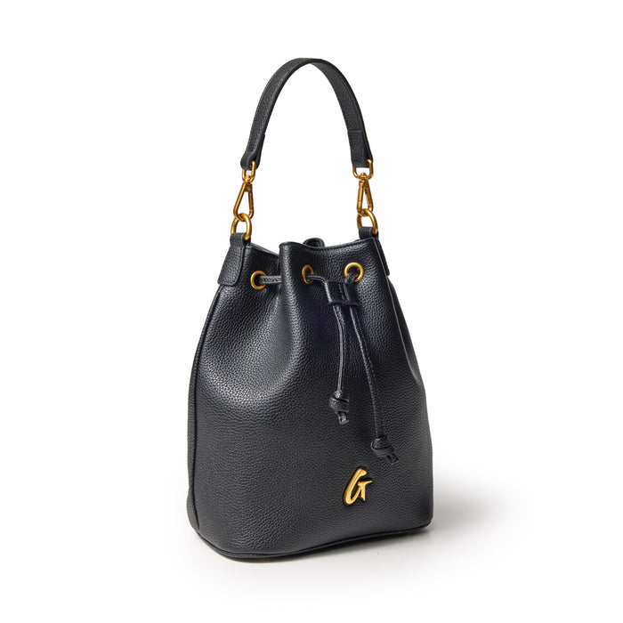 Black medium pebble bucket bag with gold hardware, adjustable drawstring closure, and a top handle for versatile carrying.