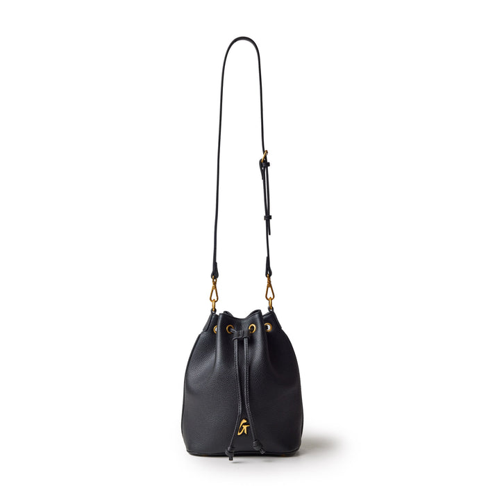 Black medium pebble bucket bag with a drawstring closure, gold accents, and a long adjustable strap.