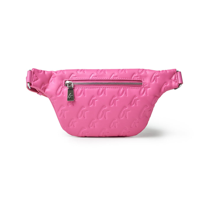 Mini pink monogram fanny pack with embossed logo pattern, front zipper pocket, and adjustable strap.