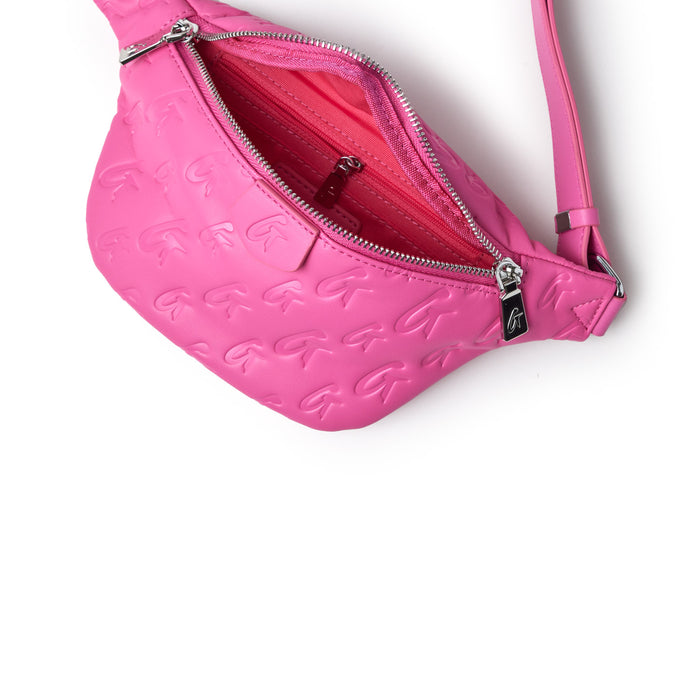 Mini pink monogram fanny pack with embossed logo pattern, silver zipper, and adjustable strap.