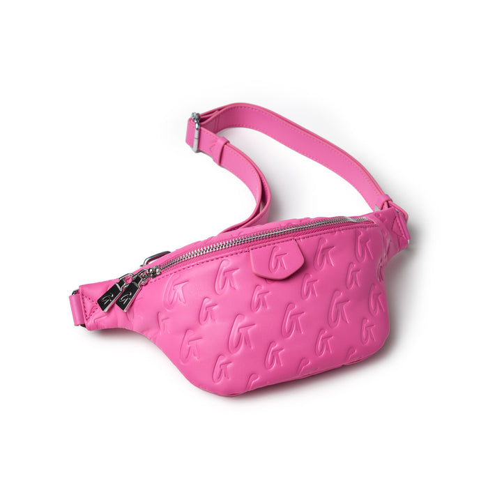 Mini pink monogram fanny pack with embossed G logo pattern, silver zipper, and adjustable strap.