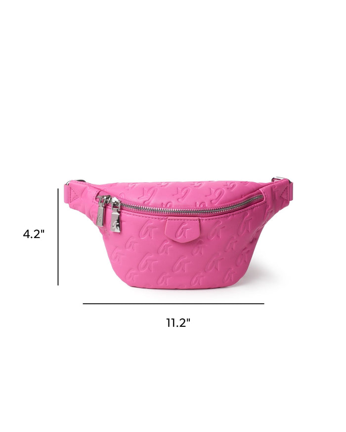 Hot pink mini monogram fanny pack with embossed logo, featuring a zippered closure and adjustable strap.