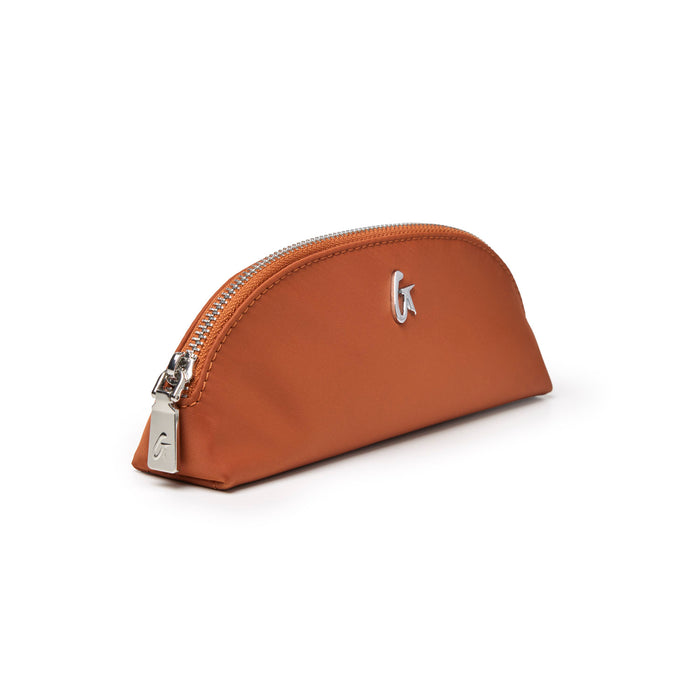 Brown mini nylon pouch with a sleek design and silver zipper, perfect for storing essentials stylishly.