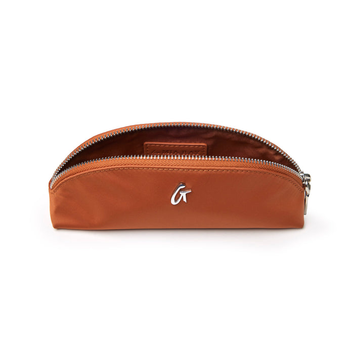 Brown mini nylon pouch with a sleek design and silver zipper, featuring the Glam-Aholic logo. Ideal for accessories.