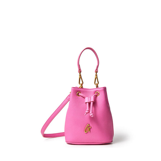 Mini pink pebble bucket bag with gold hardware, drawstring closure, and detachable shoulder strap.