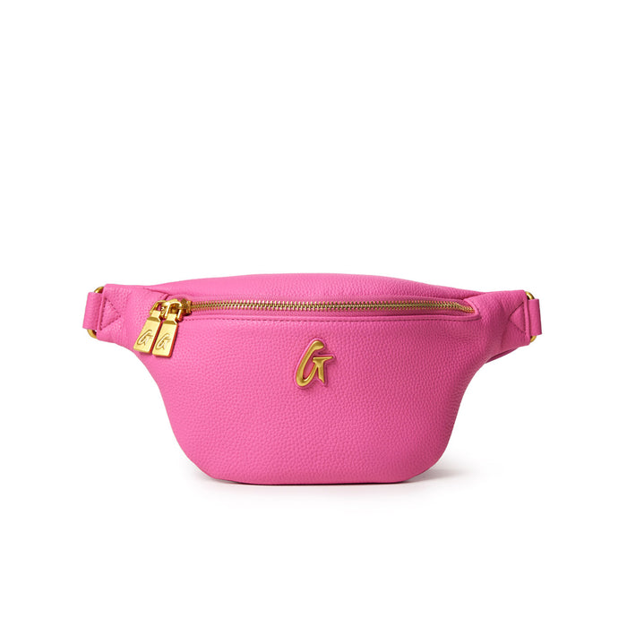 Mini pebble fanny pack in hot pink with gold zipper and logo, compact and stylish for casual wear.