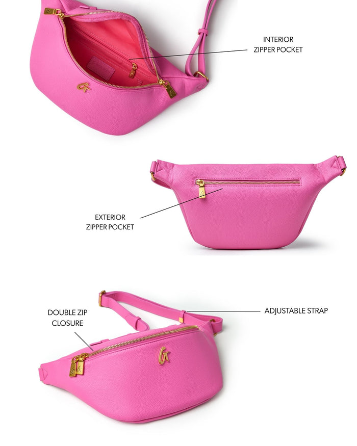 Hot pink mini pebble fanny pack with adjustable strap, exterior and interior zipper pockets for stylish convenience.