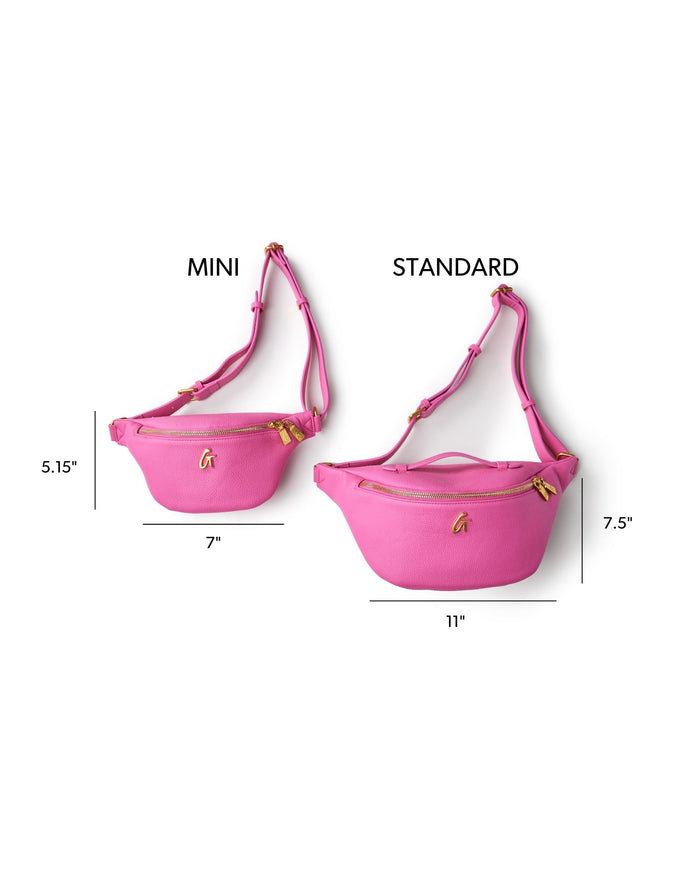 Mini pebble fanny pack in hot pink, featuring adjustable straps and gold-tone hardware, showcasing size comparison with standard version.