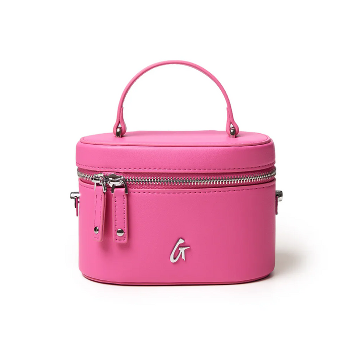 Hot pink mini smooth silver vanity bag with a top handle and zip closure, perfect for stylish organization.