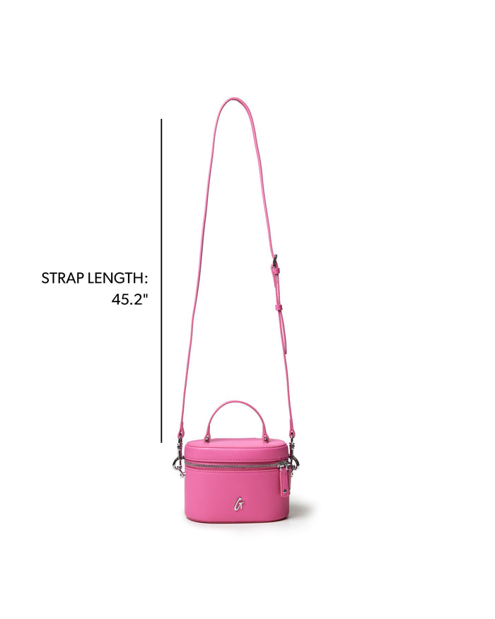Hot pink mini smooth silver vanity bag with a detachable strap, perfect for stylish on-the-go organization.
