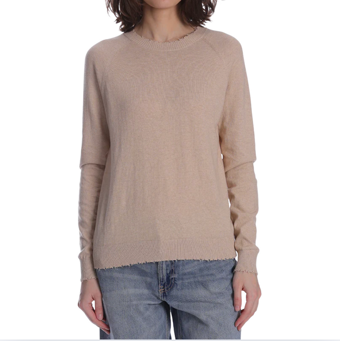 Minnie Rose Cotton Cashmere Frayed Edge Crew