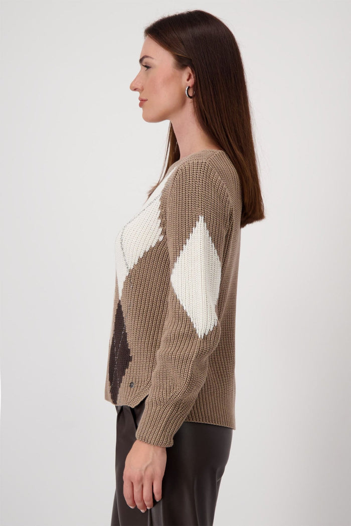 Monari 808377 Brown Chalk Diamond Print Round Neck Jumper - Dotique