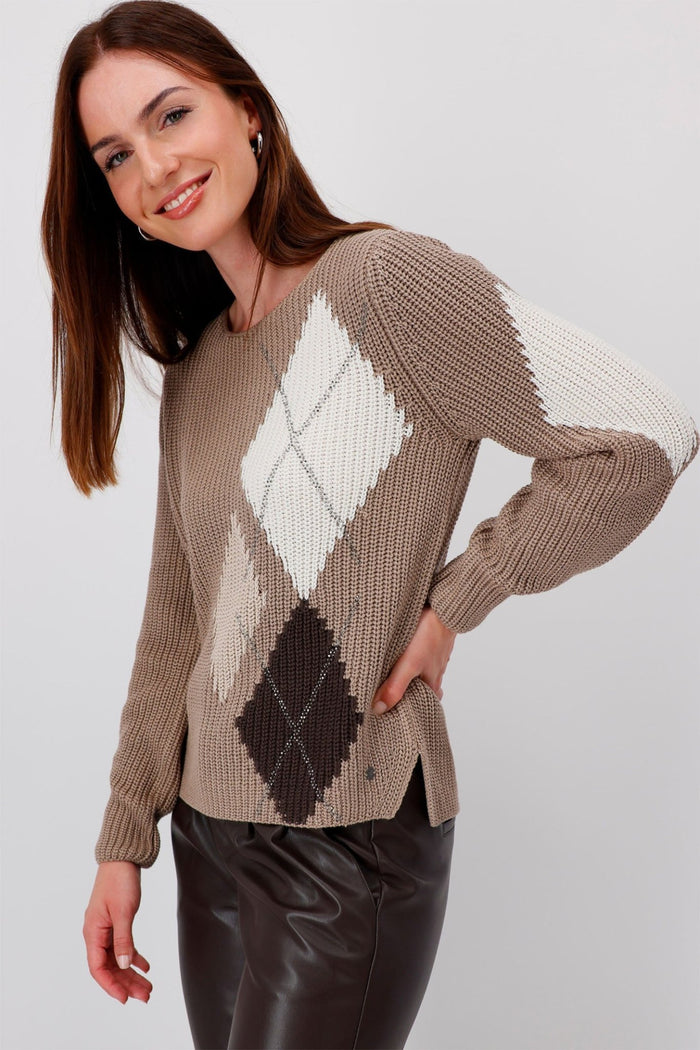 Monari 808377 Brown Chalk Diamond Print Round Neck Jumper - Dotique