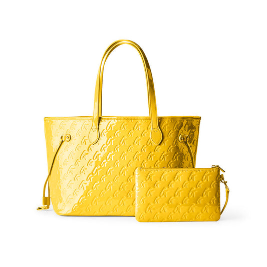 Bright yellow monogram tote bag with matching wristlet, featuring a glossy finish and spacious design for stylish organization.