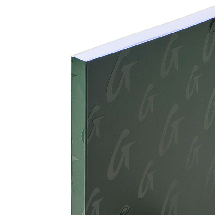 Green monogram notebook featuring a stylish logo design, perfect for jotting down notes and ideas.