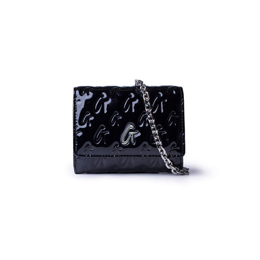 Compact black handbag with a glossy monogram design and silver chain strap, perfect for stylish outings.