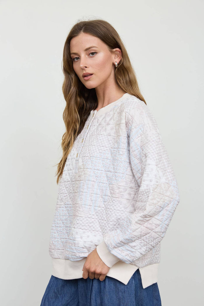 MULTI-PATTERN HENLEY QUILTED JACKET: IVORY MULTI