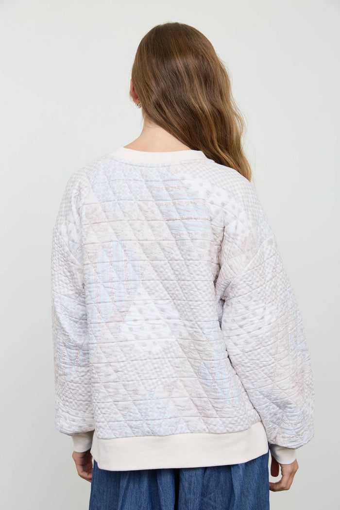 MULTI-PATTERN HENLEY QUILTED JACKET: IVORY MULTI