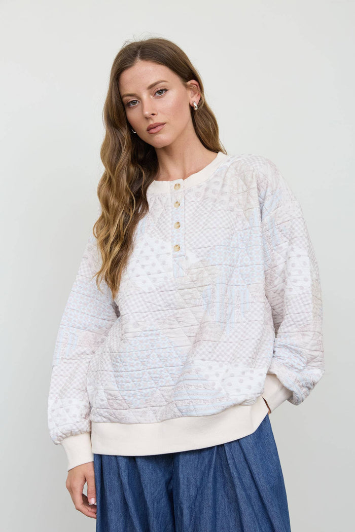 MULTI-PATTERN HENLEY QUILTED JACKET: IVORY MULTI