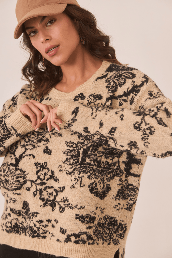 Dotique camel NKN Nekane floral jacquard knit sweater with black print detail