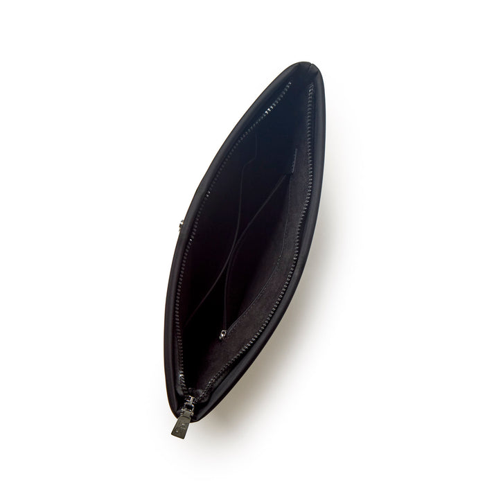 Sleek black nylon laptop sleeve with a zip closure and interior compartments for organization. Ideal for stylish protection.
