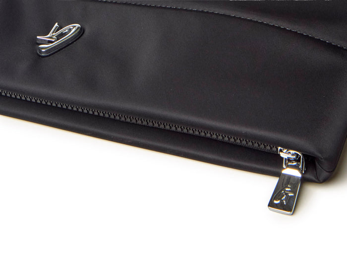 Sleek black nylon laptop sleeve featuring a stylish zipper and logo detail, perfect for modern professionals.