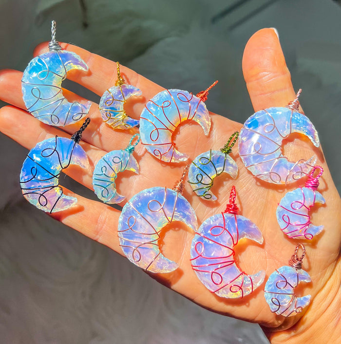 Opalite Crescent Moon Pendant (Two Sizes, 11 Custom Wire Colors)