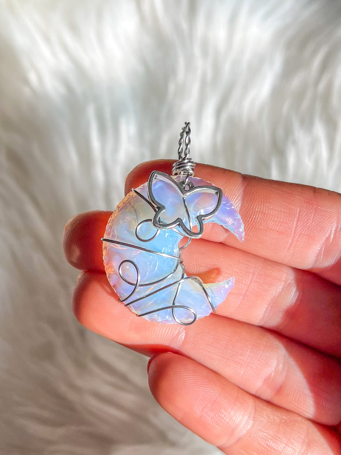 Opalite Moon Pendant w/ Butterfly