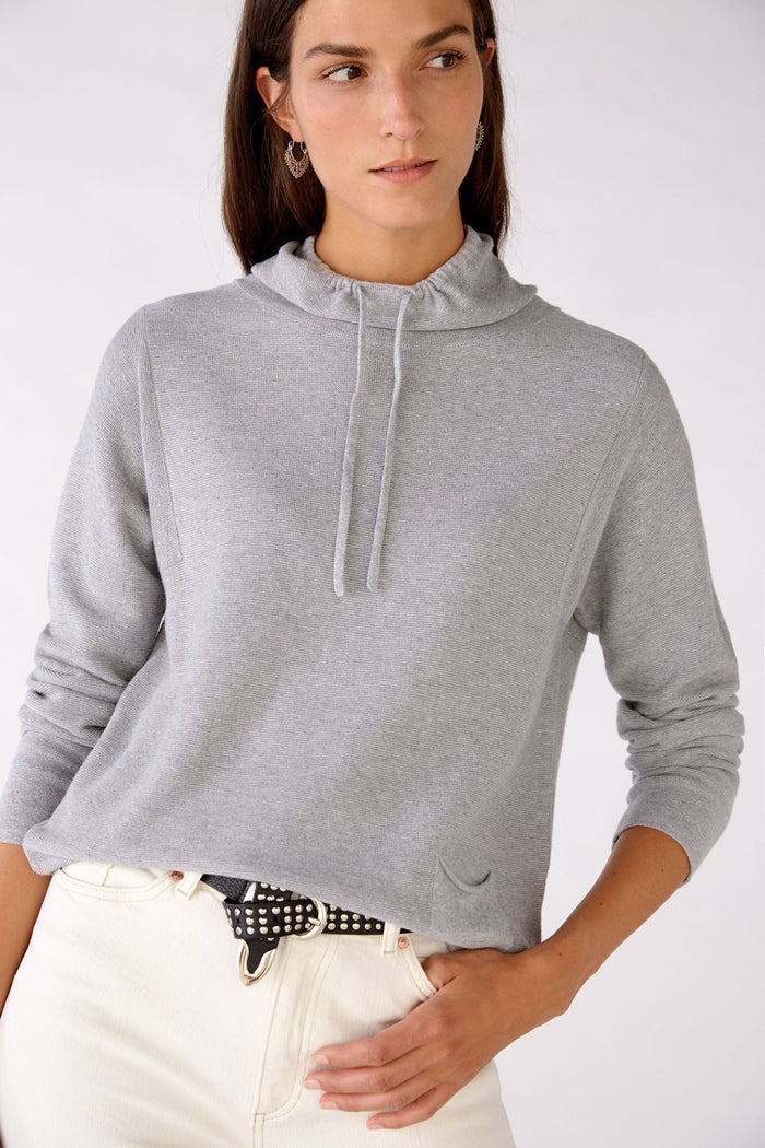 Oui 77984 Grey Drawstring Neck Jumper - Dotique Chesterfield