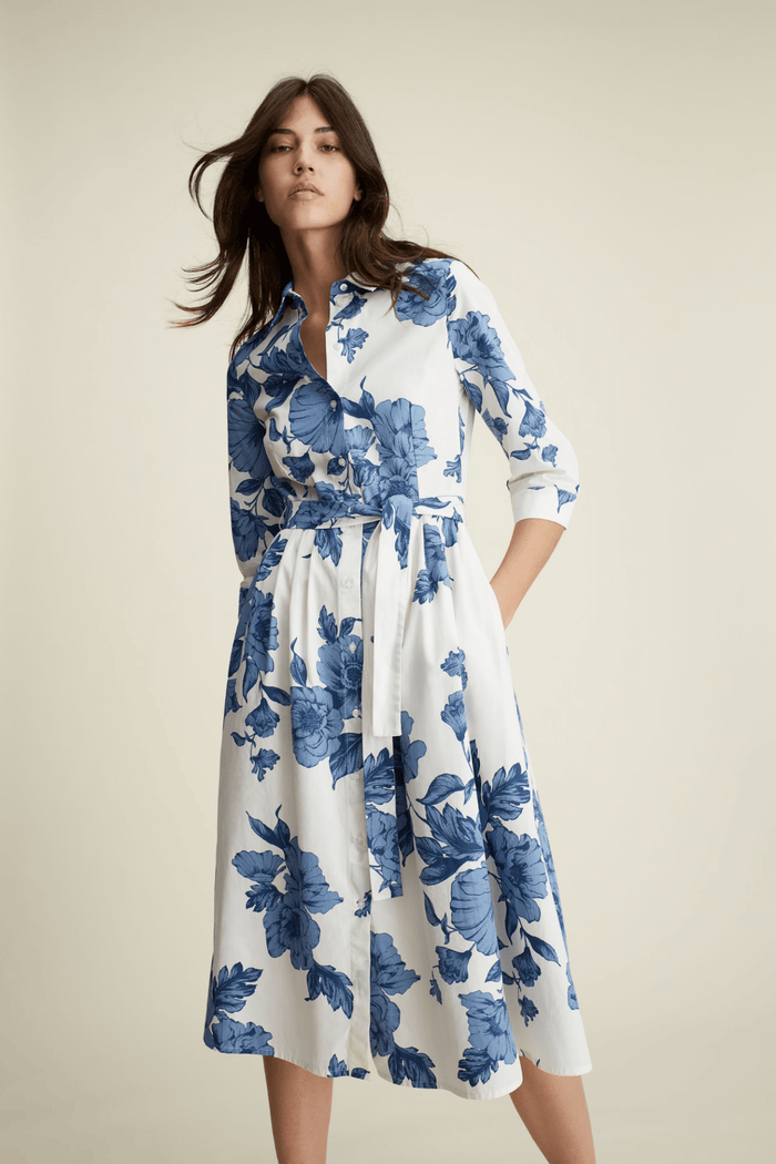 Oui 92855 Blue & White Floral Midi Shirt Dress - Dotique