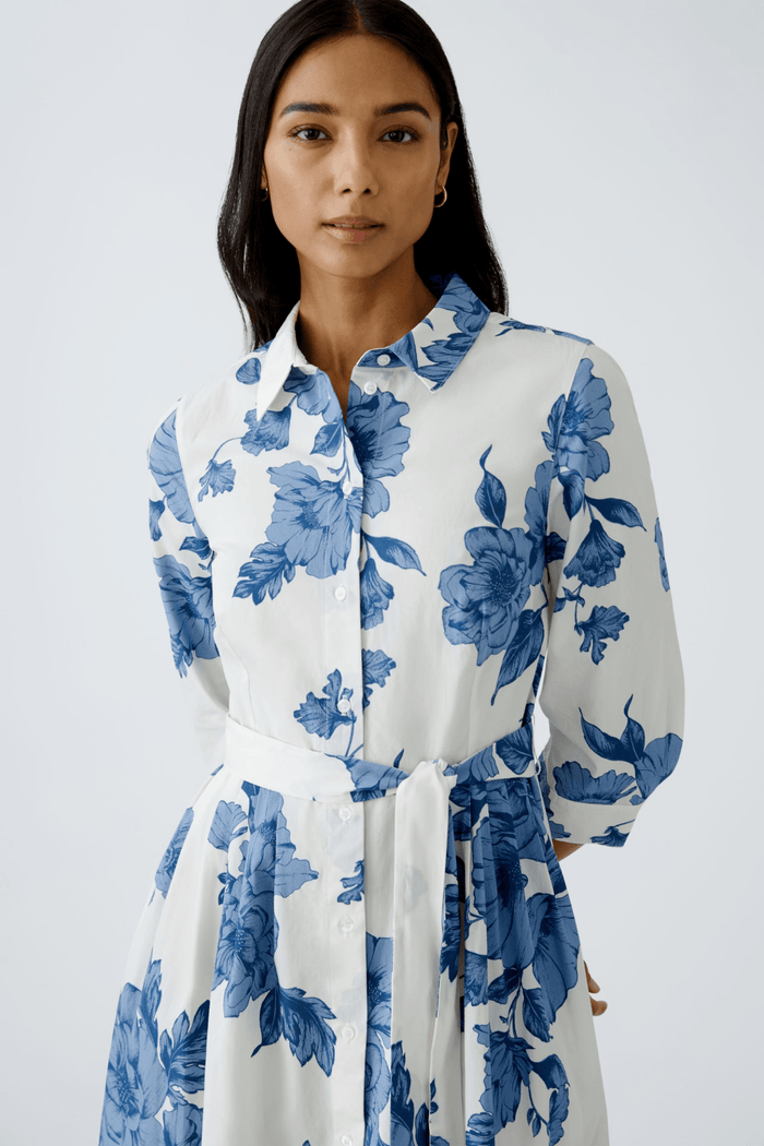 Oui 92855 Blue & White Floral Midi Shirt Dress - Dotique