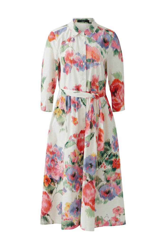 Oui 92855 Pink & Green Floral Cotton Midi Shirt Dress - Dotique