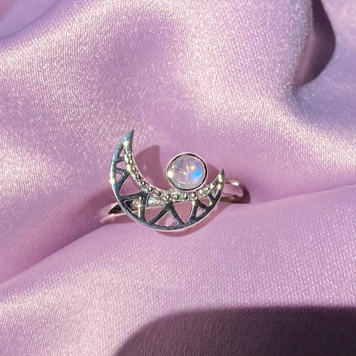 Rainbow Moonstone Flashy Crescent Moon 925 Sterling Silver Ring | June Birthstone Unique Jewelry