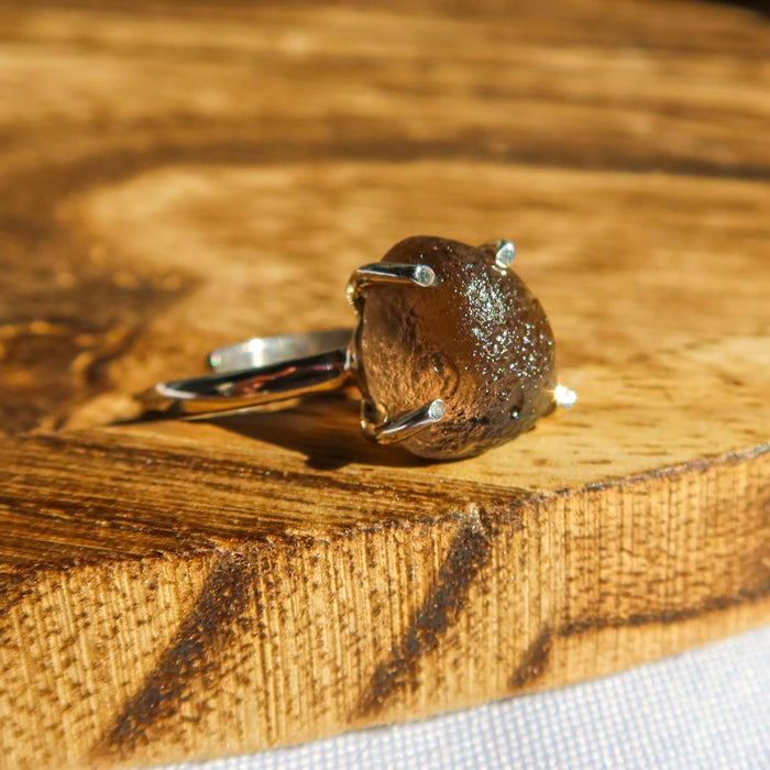 Rough Colombianite Tektite 925 Sterling Silver Ring | Raw Unique Jewelry