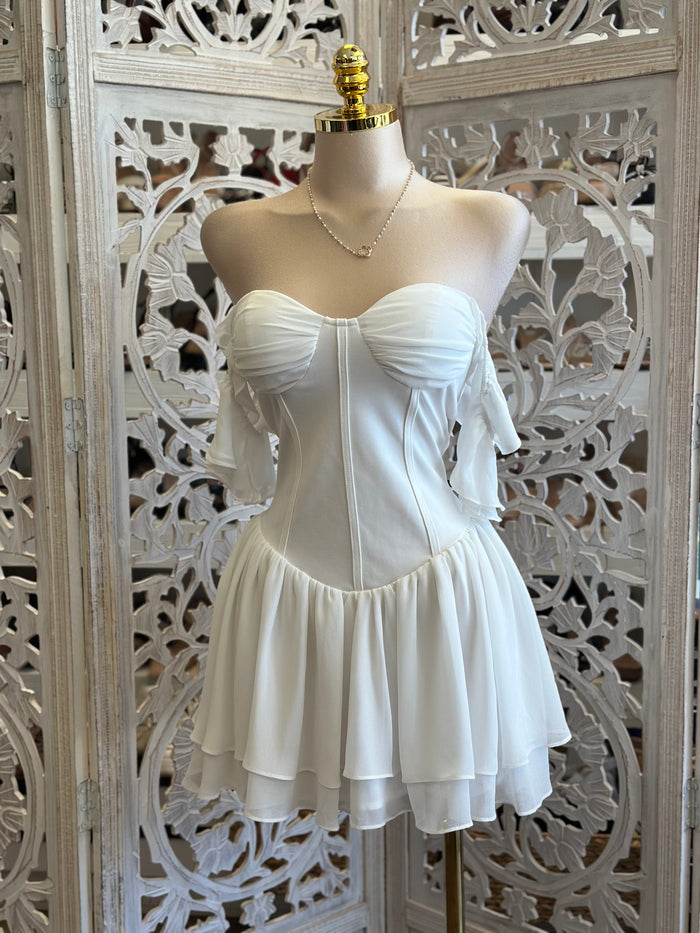 Ruffle Sleeve Mini White Dress- Slightly Stretchy , Estira Poco